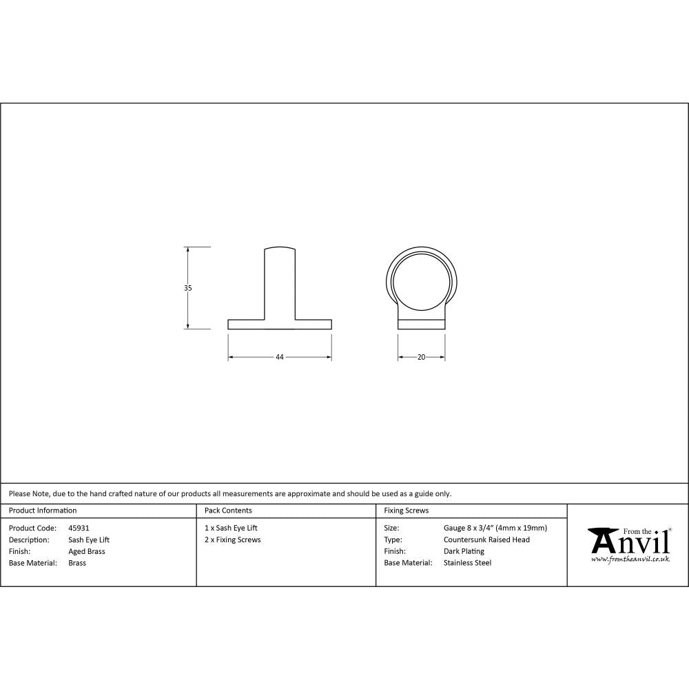 This is an image showing From The Anvil - Aged Brass Sash Eye Lift available from T.H Wiggans Architectural Ironmongery in Kendal, quick delivery and discounted prices