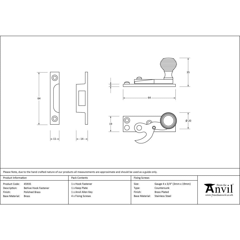 This is an image showing From The Anvil - Polished Brass Beehive Sash Hook Fastener available from T.H Wiggans Architectural Ironmongery in Kendal, quick delivery and discounted prices