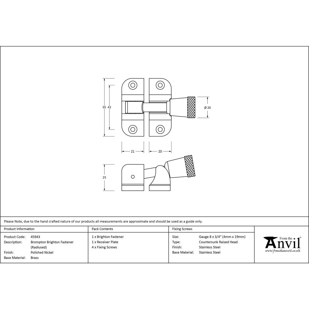 This is an image showing From The Anvil - Polished Nickel Brompton Brighton Fastener (Radiused) available from T.H Wiggans Architectural Ironmongery in Kendal, quick delivery and discounted prices