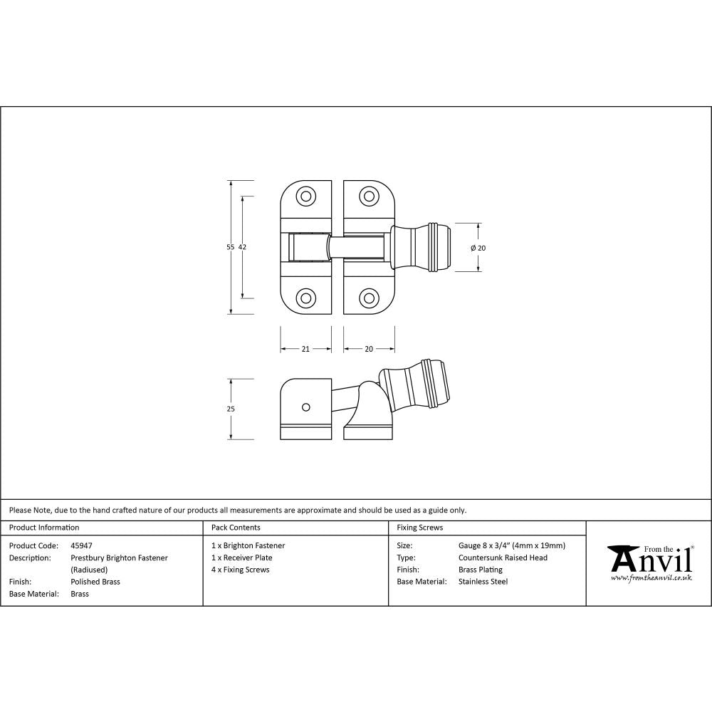 This is an image showing From The Anvil - Polished Brass Prestbury Brighton Fastener (Radiused) available from T.H Wiggans Architectural Ironmongery in Kendal, quick delivery and discounted prices