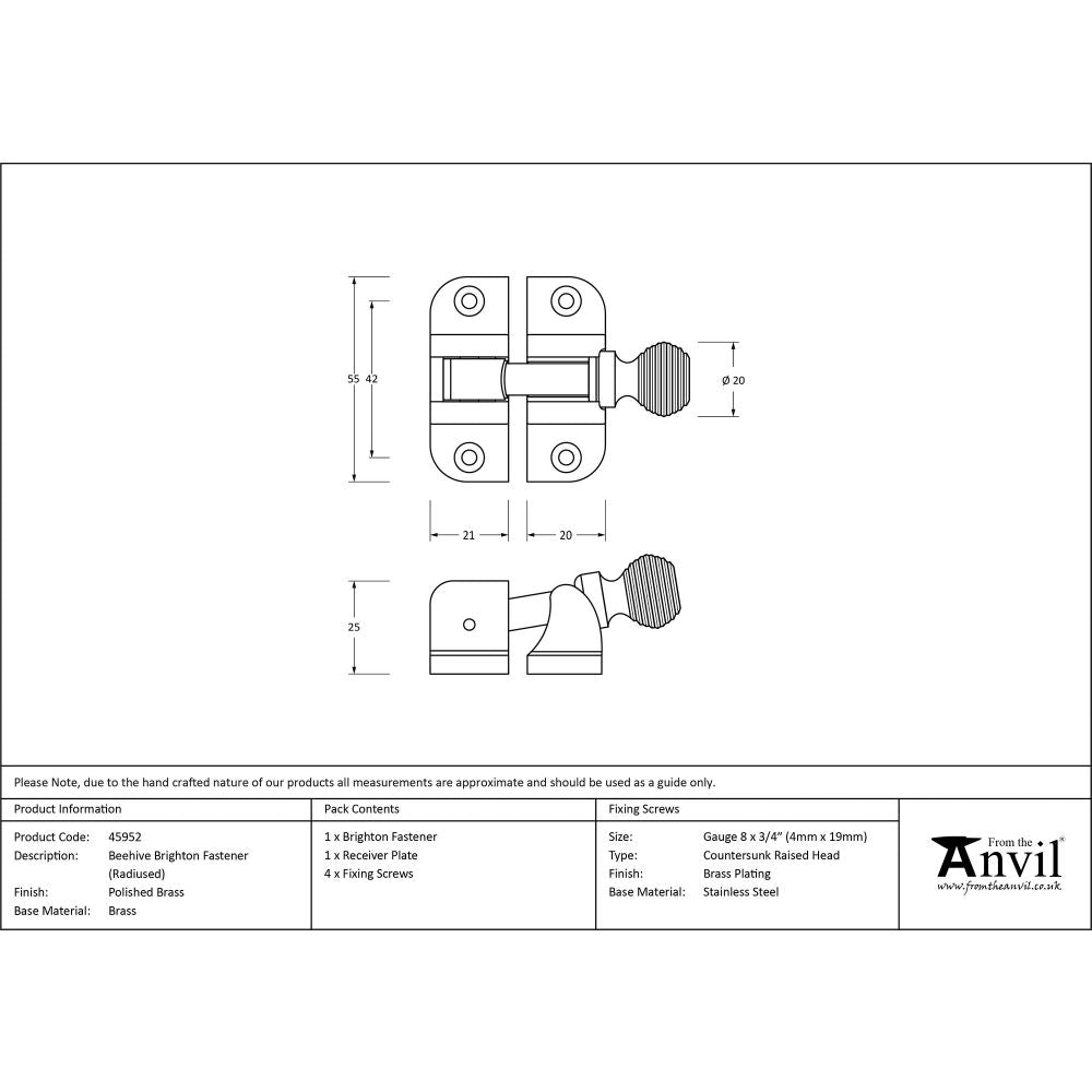 This is an image showing From The Anvil - Polished Brass Beehive Brighton Fastener (Radiused) available from T.H Wiggans Architectural Ironmongery in Kendal, quick delivery and discounted prices