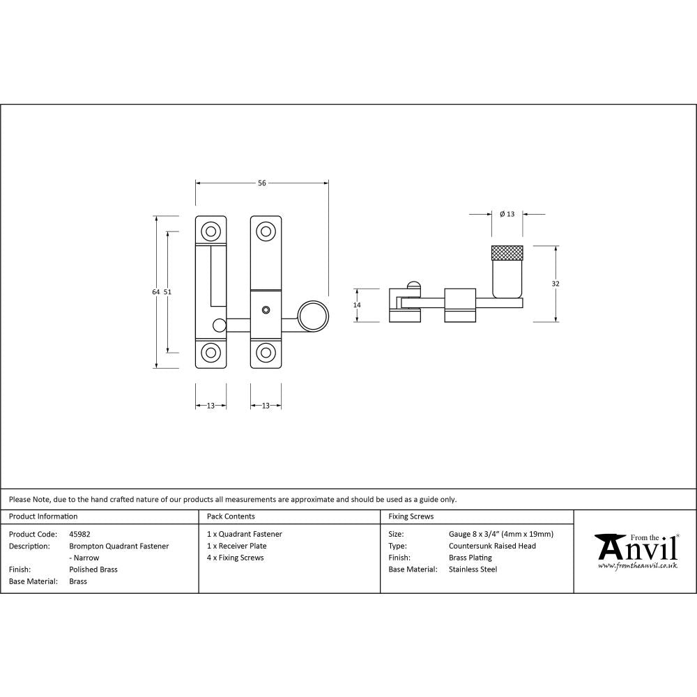 This is an image showing From The Anvil - Polished Brass Brompton Quadrant Fastener - Narrow available from T.H Wiggans Architectural Ironmongery in Kendal, quick delivery and discounted prices