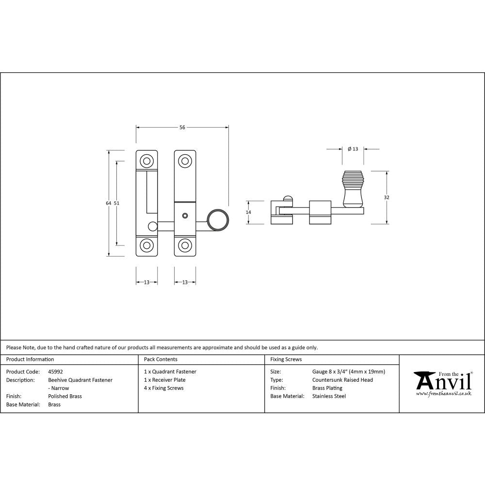 This is an image showing From The Anvil - Polished Brass Beehive Quadrant Fastener - Narrow available from T.H Wiggans Architectural Ironmongery in Kendal, quick delivery and discounted prices