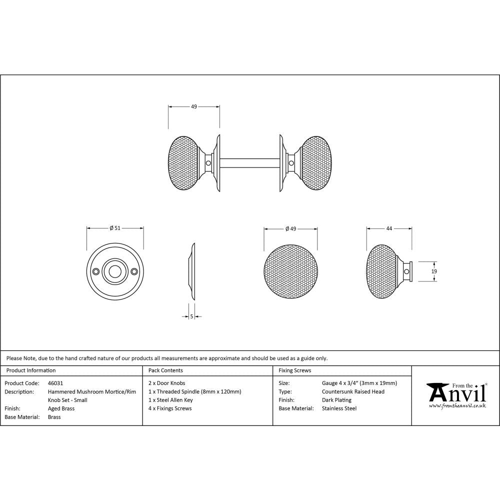 This is an image showing From The Anvil - Aged Brass Hammered Mushroom Mortice/Rim Knob Set available from trade door handles, quick delivery and discounted prices