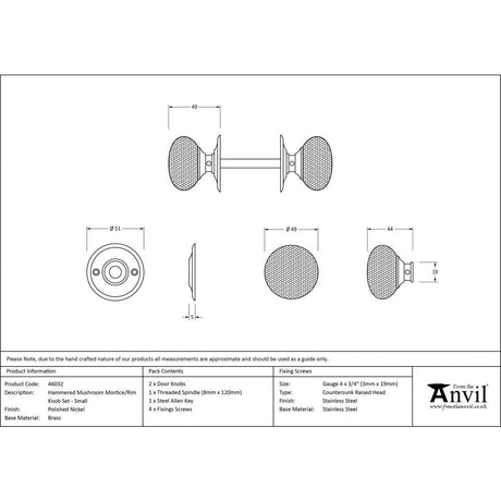 This is an image showing From The Anvil - Polished Nickel Hammered Mushroom Mortice/Rim Knob Set available from trade door handles, quick delivery and discounted prices