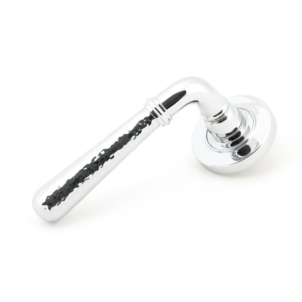 This is an image of From The Anvil - Polished Chrome Hammered Newbury Lever on Rose Set (Plain) available to order from T.H Wiggans Architectural Ironmongery in Kendal, quick delivery and discounted prices.