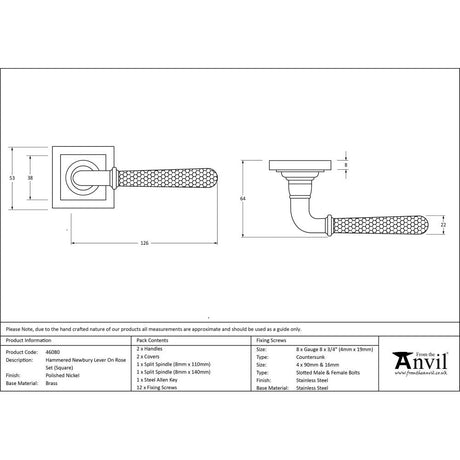 This is an image showing From The Anvil - Pol. Nickel Hammered Newbury Lever on Rose Set (Square) available from trade door handles, quick delivery and discounted prices