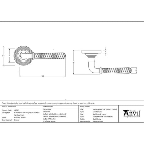 This is an image showing From The Anvil - Pol. Bronze Hammered Newbury Lever on Rose Set (Beehive) available from trade door handles, quick delivery and discounted prices