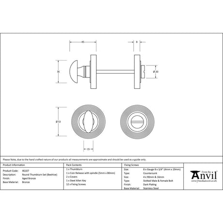 This is an image showing From The Anvil - Aged Bronze Round Thumbturn Set (Beehive) available from trade door handles, quick delivery and discounted prices