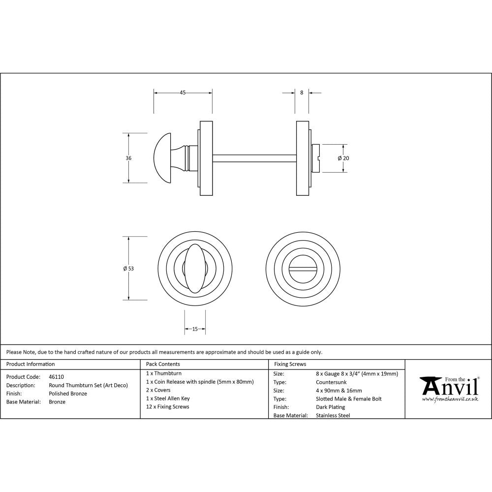 This is an image showing From The Anvil - Polished Bronze Round Thumbturn Set (Art Deco) available from trade door handles, quick delivery and discounted prices