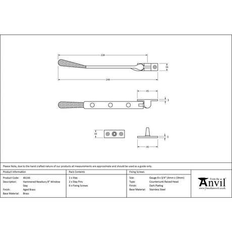 This is an image showing From The Anvil - Aged Brass 8" Hammered Newbury Stay available from T.H Wiggans Architectural Ironmongery in Kendal, quick delivery and discounted prices