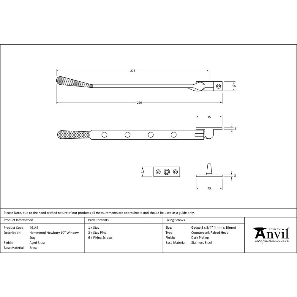 This is an image showing From The Anvil - Aged Brass 10" Hammered Newbury Stay available from T.H Wiggans Architectural Ironmongery in Kendal, quick delivery and discounted prices