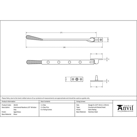 This is an image showing From The Anvil - Aged Brass 10" Hammered Newbury Stay available from T.H Wiggans Architectural Ironmongery in Kendal, quick delivery and discounted prices