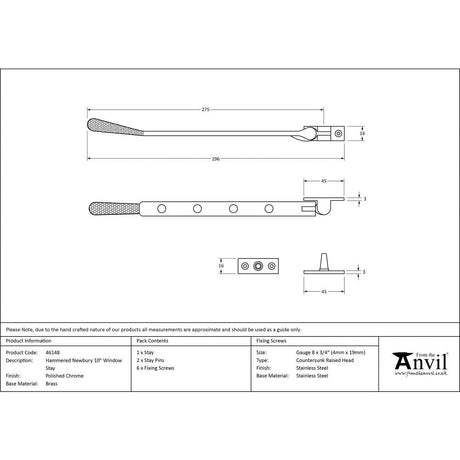 This is an image showing From The Anvil - Polished Chrome 10" Hammered Newbury Stay available from T.H Wiggans Architectural Ironmongery in Kendal, quick delivery and discounted prices