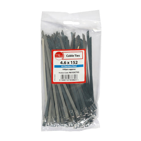 This is an image showing TIMCO Cable Ties - Stainless Steel - 4.6 x 152 - 100 Pieces Bag available from T.H Wiggans Ironmongery in Kendal, quick delivery at discounted prices.