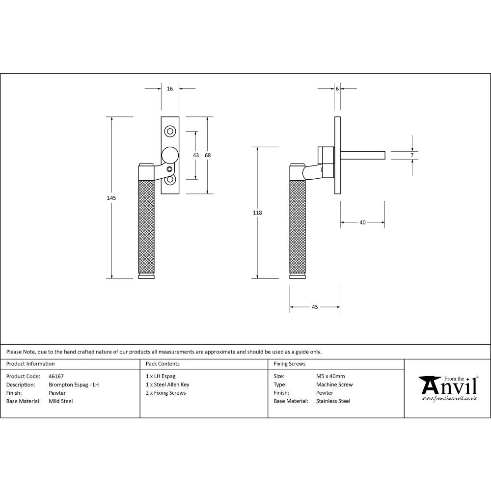 This is an image showing From The Anvil - Pewter Brompton Espag - LH available from T.H Wiggans Architectural Ironmongery in Kendal, quick delivery and discounted prices