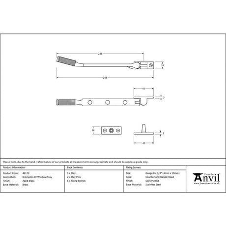 This is an image showing From The Anvil - Aged Brass 8" Brompton Stay available from T.H Wiggans Architectural Ironmongery in Kendal, quick delivery and discounted prices