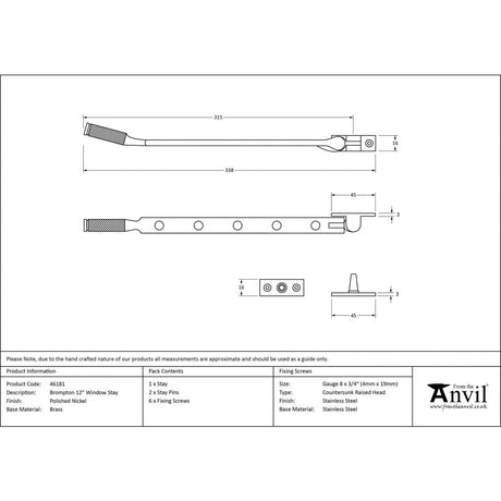 This is an image showing From The Anvil - Polished Nickel 12" Brompton Stay available from T.H Wiggans Architectural Ironmongery in Kendal, quick delivery and discounted prices