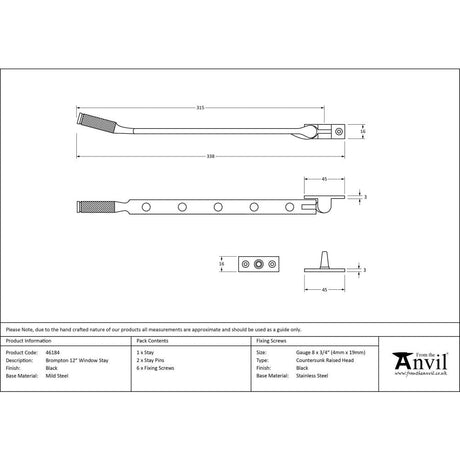 This is an image showing From The Anvil - Black 12" Brompton Stay available from T.H Wiggans Architectural Ironmongery in Kendal, quick delivery and discounted prices