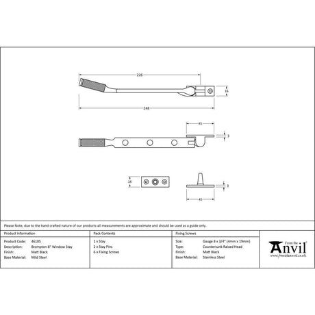 This is an image showing From The Anvil - Matt Black 8" Brompton Stay available from T.H Wiggans Architectural Ironmongery in Kendal, quick delivery and discounted prices