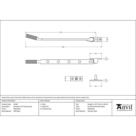 This is an image showing From The Anvil - Matt Black 10" Brompton Stay available from T.H Wiggans Architectural Ironmongery in Kendal, quick delivery and discounted prices