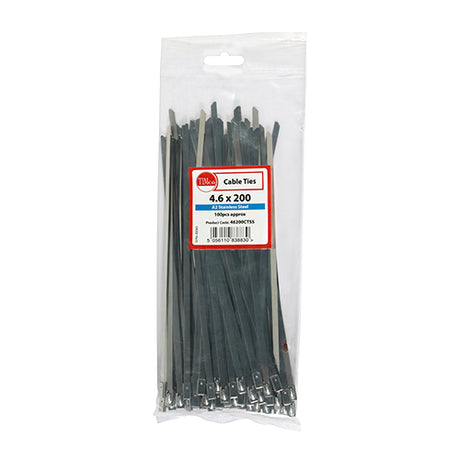 This is an image showing TIMCO Cable Ties - Stainless Steel - 4.6 x 200 - 100 Pieces Bag available from T.H Wiggans Ironmongery in Kendal, quick delivery at discounted prices.