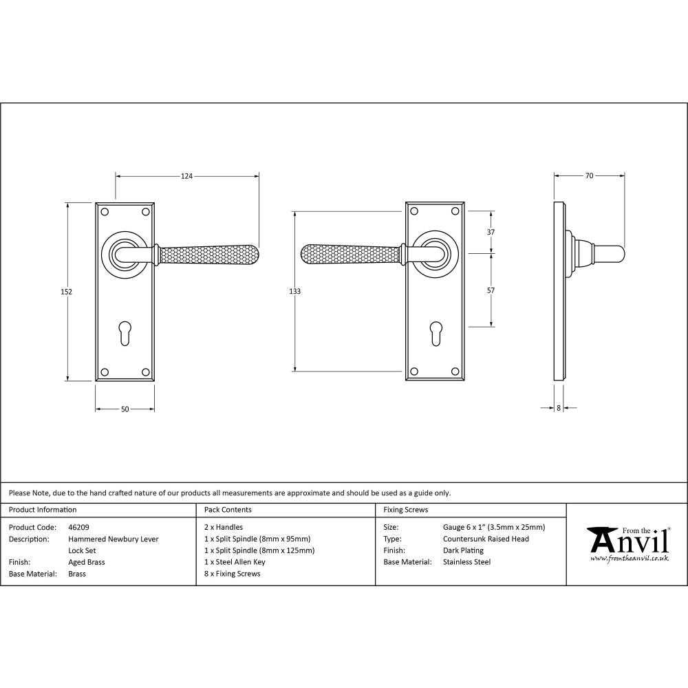 This is an image showing From The Anvil - Aged Brass Hammered Newbury Lever Lock Set available from trade door handles, quick delivery and discounted prices