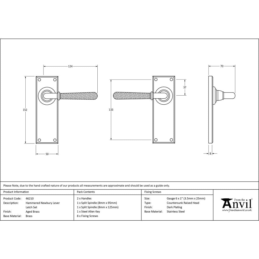 This is an image showing From The Anvil - Aged Brass Hammered Newbury Lever Latch Set available from trade door handles, quick delivery and discounted prices