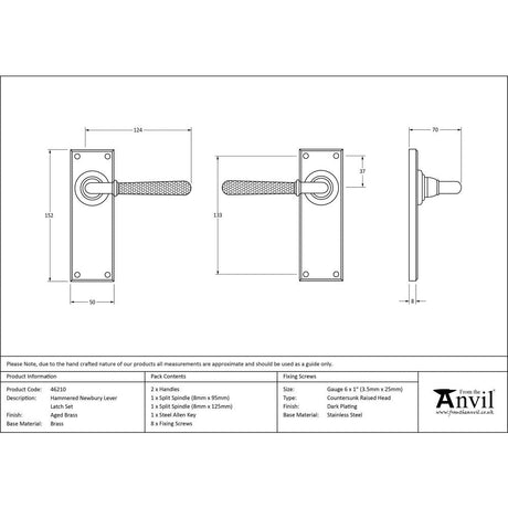 This is an image showing From The Anvil - Aged Brass Hammered Newbury Lever Latch Set available from trade door handles, quick delivery and discounted prices