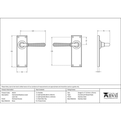 This is an image showing From The Anvil - Polished Chrome Hammered Newbury Lever Latch Set available from trade door handles, quick delivery and discounted prices