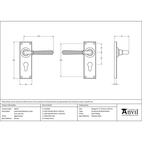 This is an image showing From The Anvil - Aged Bronze Hammered Newbury Lever Euro Lock Set available from trade door handles, quick delivery and discounted prices