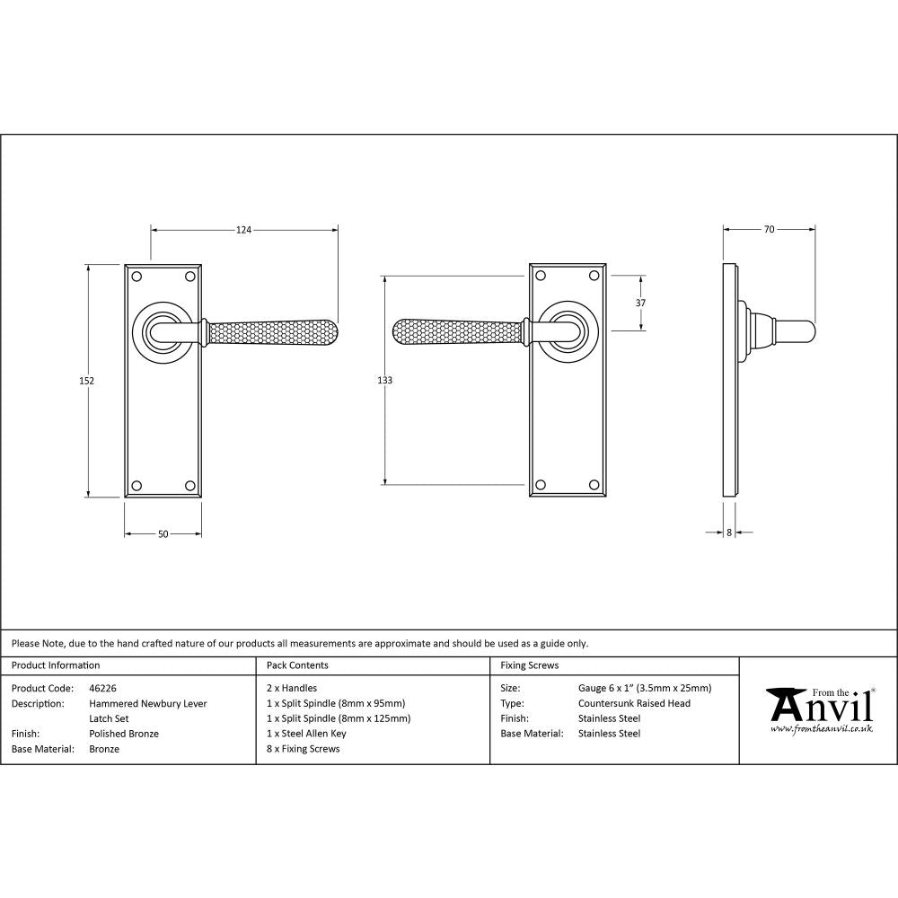 This is an image showing From The Anvil - Polished Bronze Hammered Newbury Lever Latch Set available from trade door handles, quick delivery and discounted prices