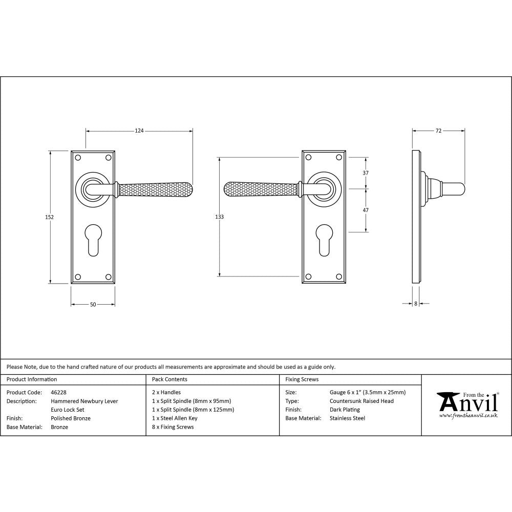 This is an image showing From The Anvil - Polished Bronze Hammered Newbury Lever Euro Lock Set available from trade door handles, quick delivery and discounted prices