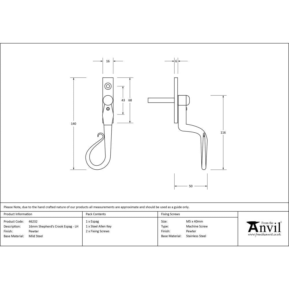 This is an image showing From The Anvil - Pewter 16mm Shepherd's Crook Espag - LH available from T.H Wiggans Architectural Ironmongery in Kendal, quick delivery and discounted prices