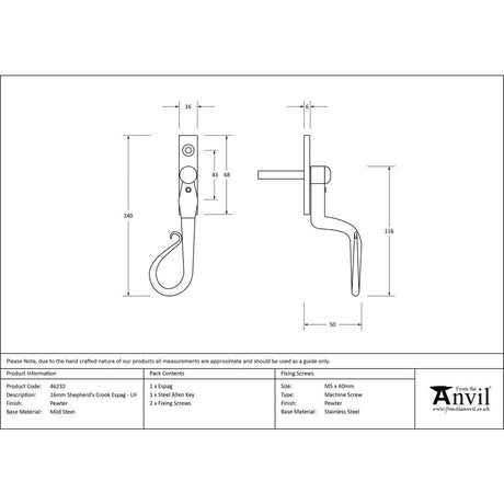 This is an image showing From The Anvil - Pewter 16mm Shepherd's Crook Espag - LH available from T.H Wiggans Architectural Ironmongery in Kendal, quick delivery and discounted prices