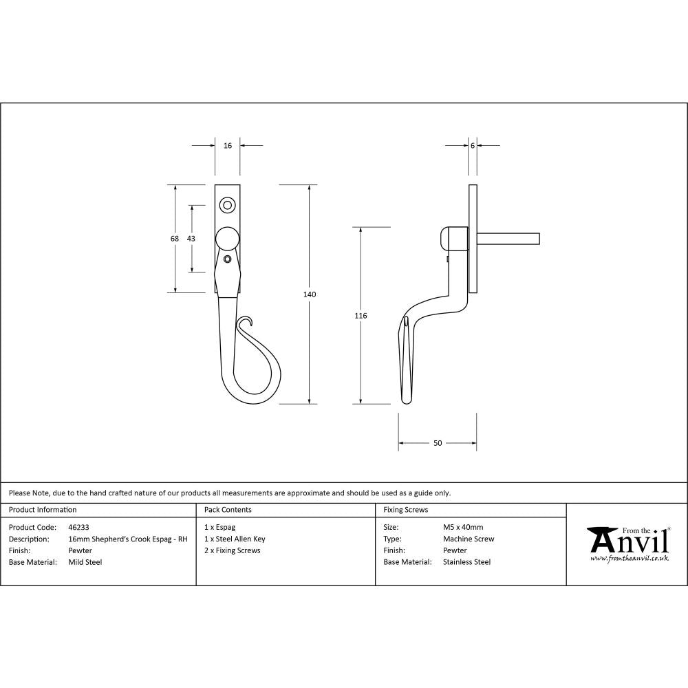 This is an image showing From The Anvil - Pewter 16mm Shepherd's Crook Espag - RH available from T.H Wiggans Architectural Ironmongery in Kendal, quick delivery and discounted prices