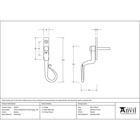 This is an image showing From The Anvil - Pewter 16mm Shepherd's Crook Espag - RH available from T.H Wiggans Architectural Ironmongery in Kendal, quick delivery and discounted prices