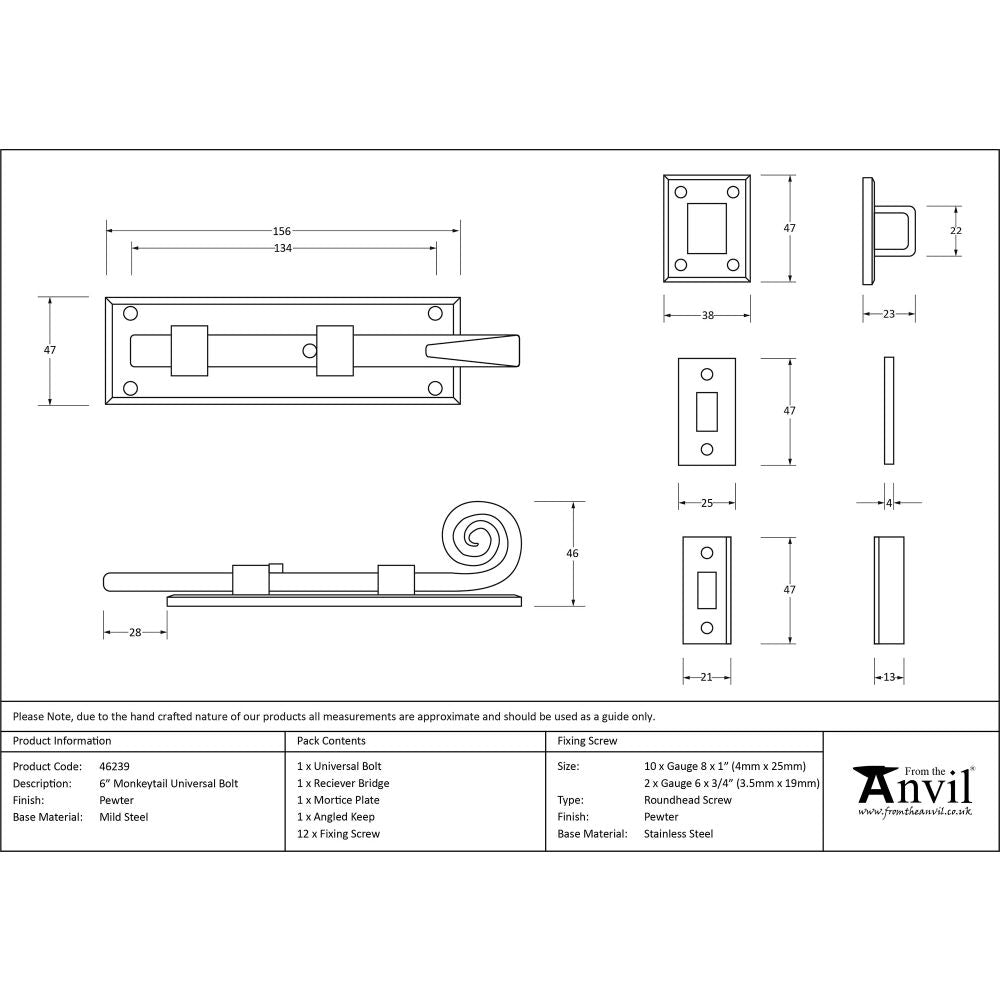 This is an image showing From The Anvil - Pewter 6" Monkeytail Universal Bolt available from trade door handles, quick delivery and discounted prices