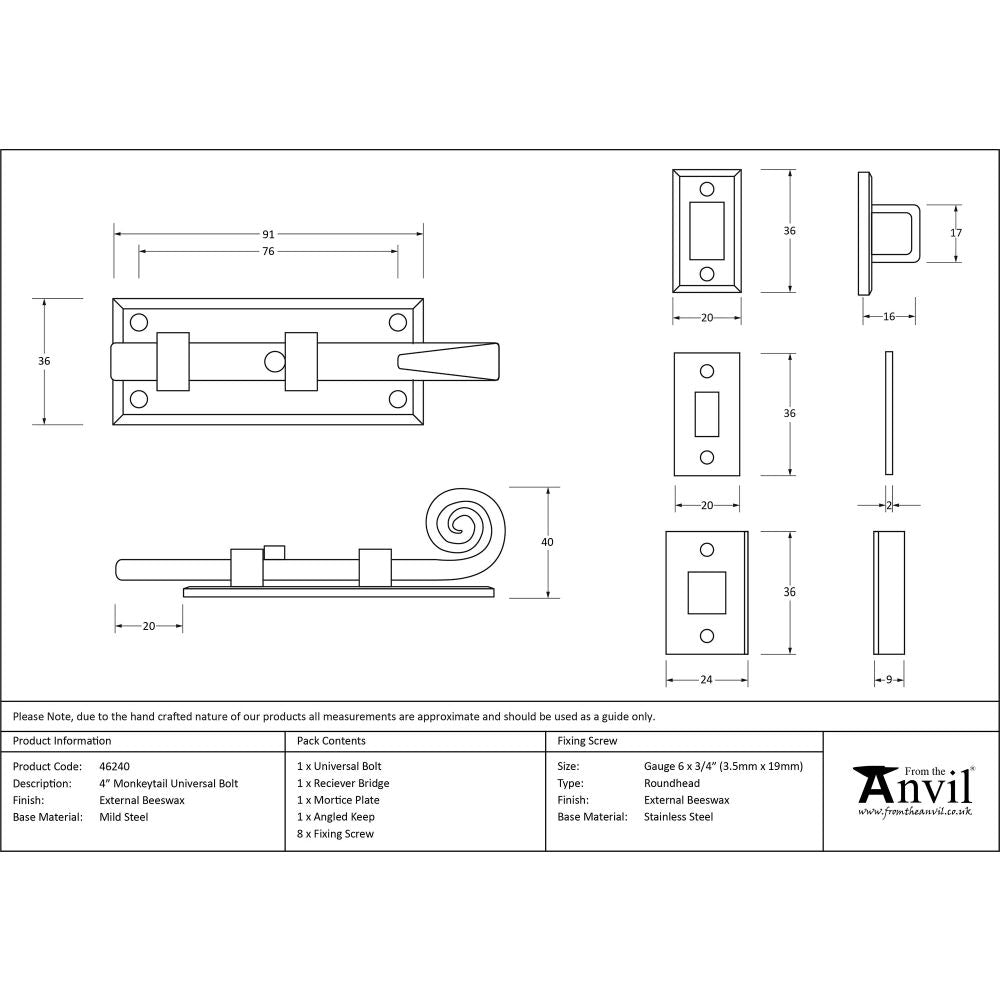 This is an image showing From The Anvil - External Beeswax 4" Monkeytail Universal Bolt available from trade door handles, quick delivery and discounted prices