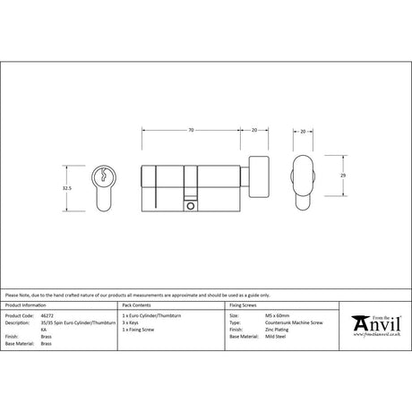 This is an image showing From The Anvil - Lacquered Brass 35/35 5pin Euro Cylinder/Thumbturn KA available from T.H Wiggans Architectural Ironmongery in Kendal, quick delivery and discounted prices