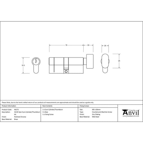 This is an image showing From The Anvil - Polished Chrome 35/35 5pin Euro Cylinder/Thumbturn KA available from T.H Wiggans Architectural Ironmongery in Kendal, quick delivery and discounted prices