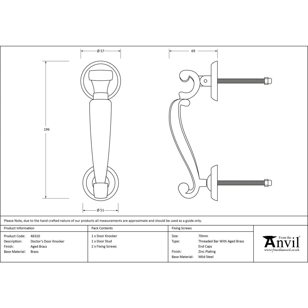 This is an image showing From The Anvil - Aged Brass Doctors Door Knocker available from trade door handles, quick delivery and discounted prices