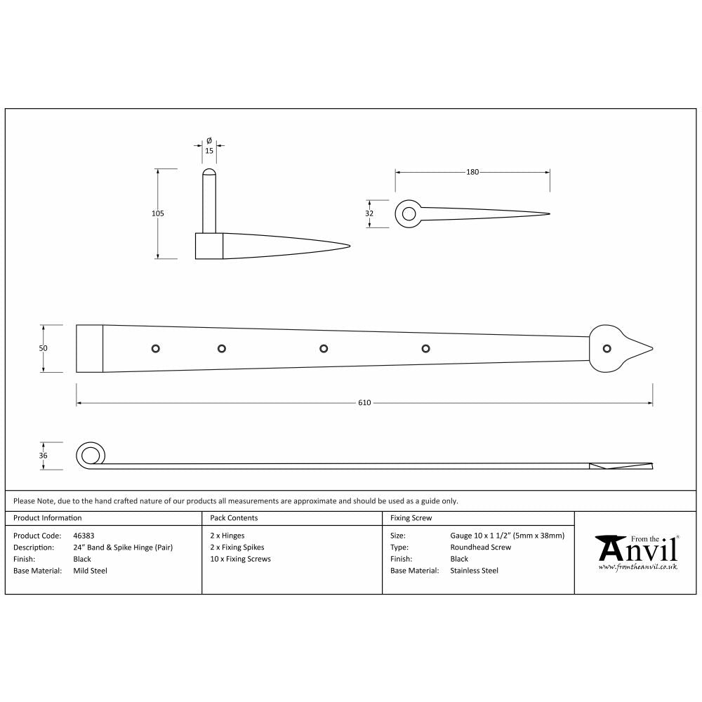 This is an image showing From The Anvil - Black 24" Band & Spike Hinge (Pair) available from T.H Wiggans Architectural Ironmongery, quick delivery and discounted prices