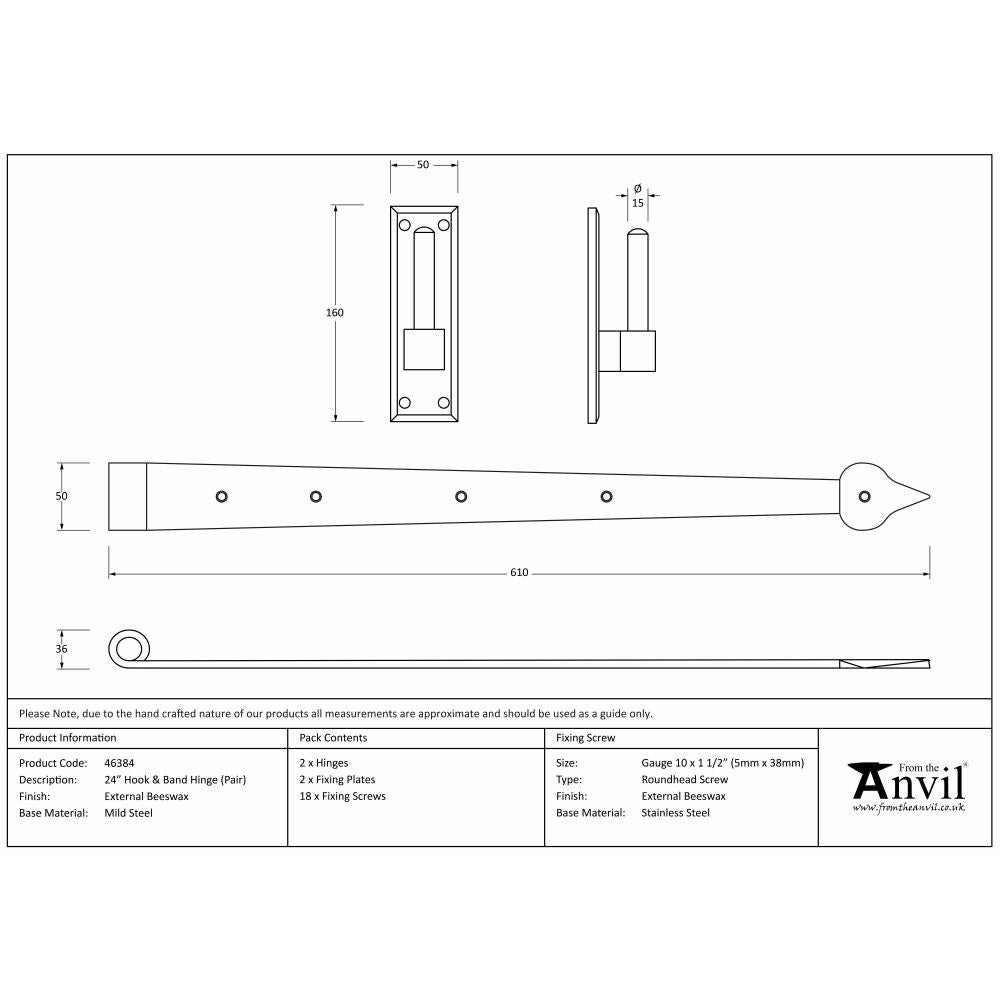 This is an image showing From The Anvil - External Beeswax 24" Hook & Band Hinge (pair) available from T.H Wiggans Architectural Ironmongery, quick delivery and discounted prices