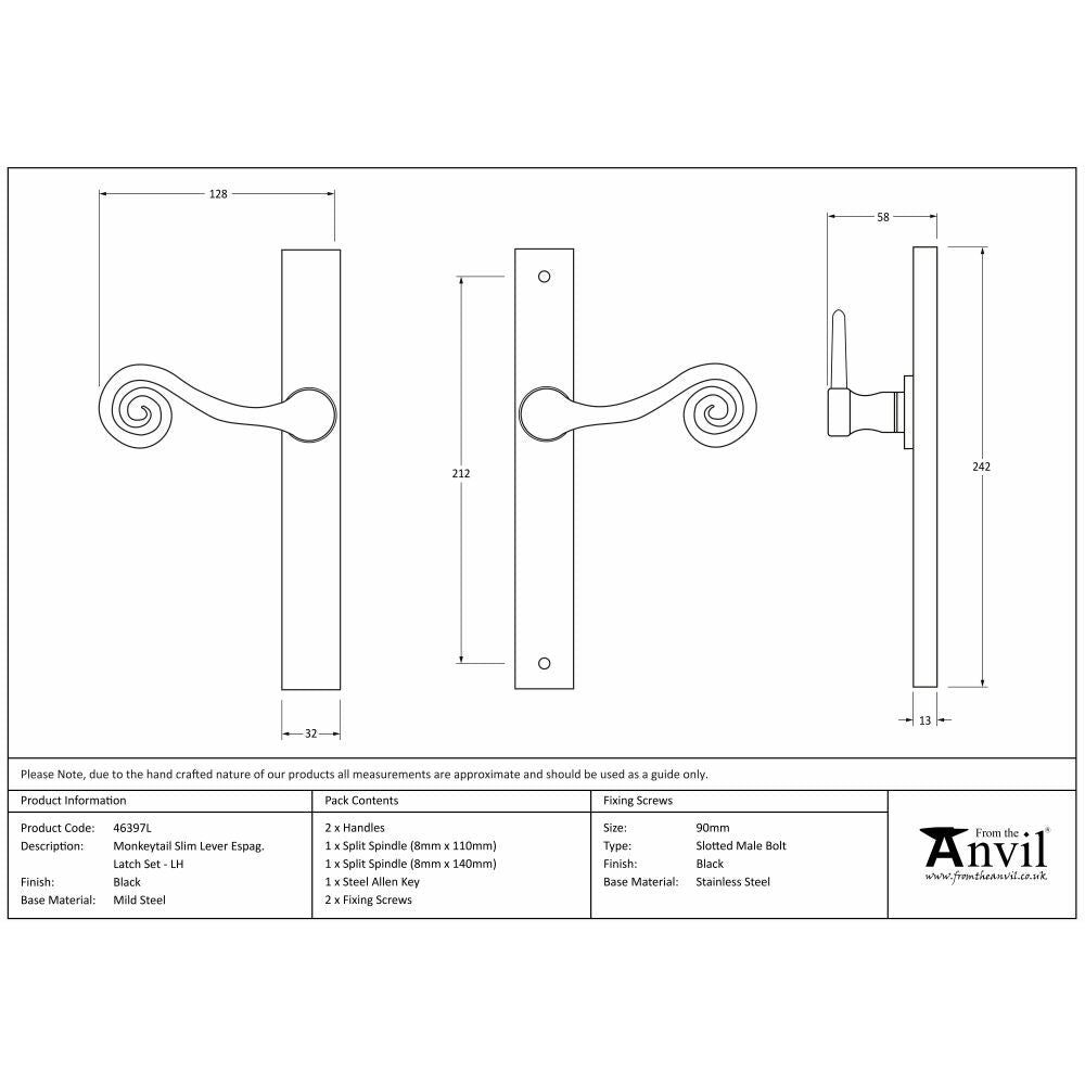 This is an image showing From The Anvil - Black Monkeytail Slimline Lever Espag. Latch Set - LH available from trade door handles, quick delivery and discounted prices