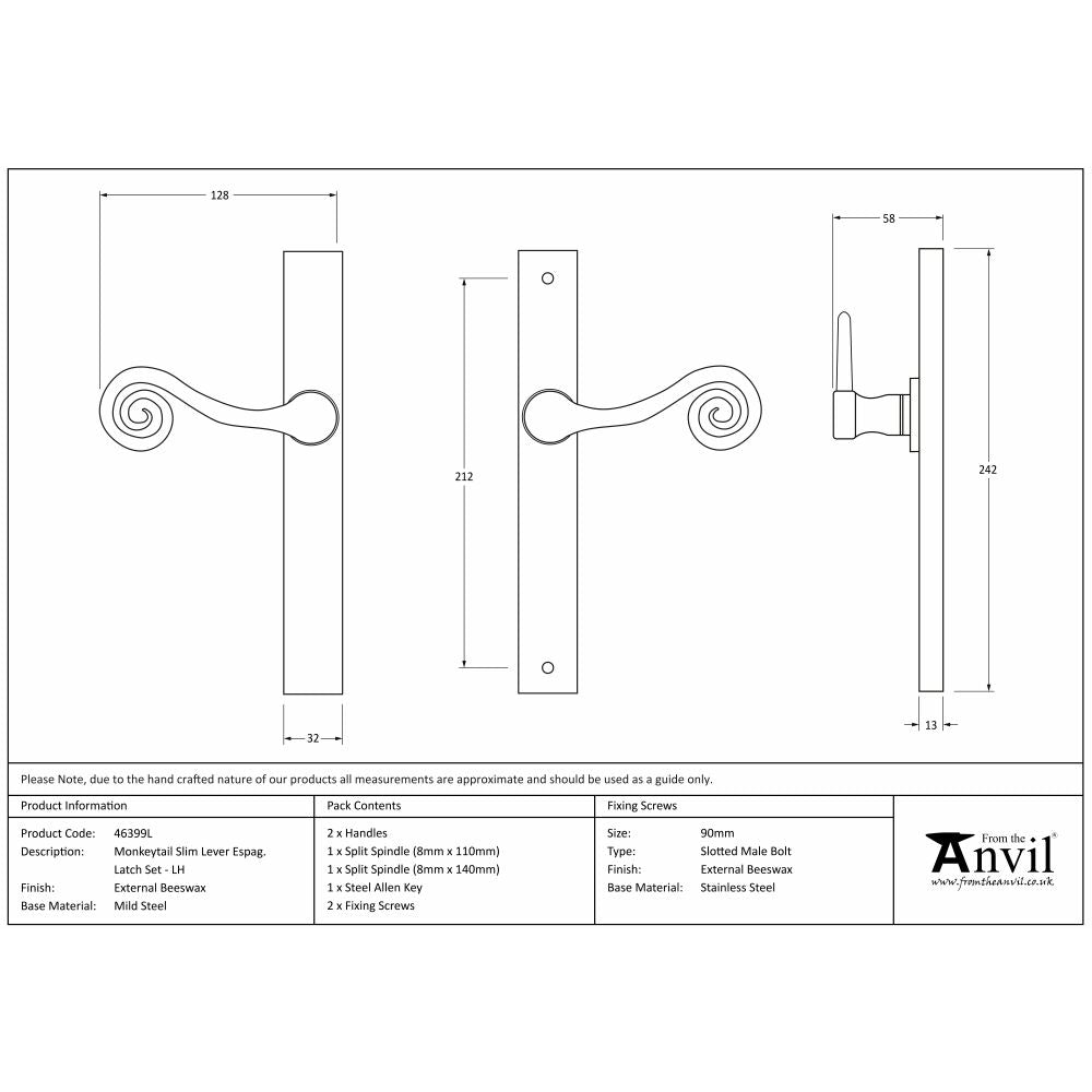 This is an image showing From The Anvil - External Beeswax Monkeytail Slimline Lever Espag. Latch Set -LH available from trade door handles, quick delivery and discounted prices