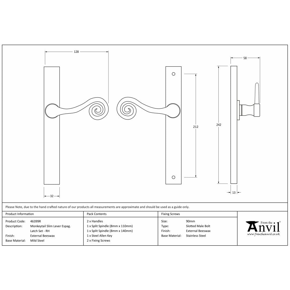 This is an image showing From The Anvil - External Beeswax Monkeytail Slimline Lever Espag. Latch Set -RH available from trade door handles, quick delivery and discounted prices