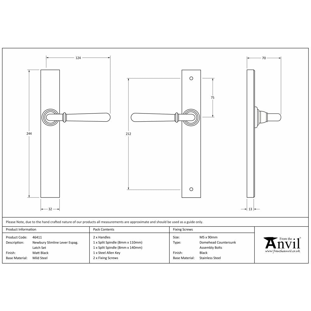 This is an image showing From The Anvil - Matt Black Newbury Slimline Lever Espag. Latch Set available from trade door handles, quick delivery and discounted prices