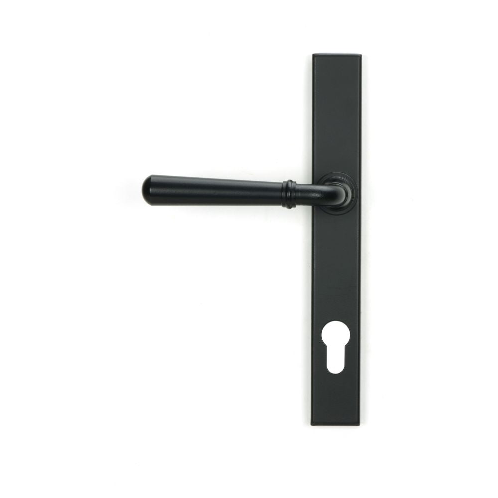 This is an image showing From The Anvil - Matt Black Newbury Slimline Lever Espag. Lock Set available from trade door handles, quick delivery and discounted prices
