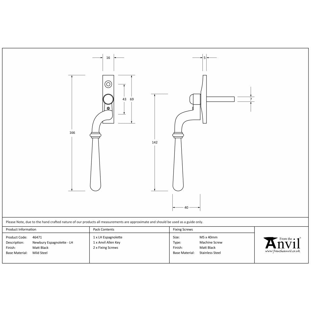 This is an image showing From The Anvil - Matt Black Newbury Espag - LH available from T.H Wiggans Architectural Ironmongery in Kendal, quick delivery and discounted prices